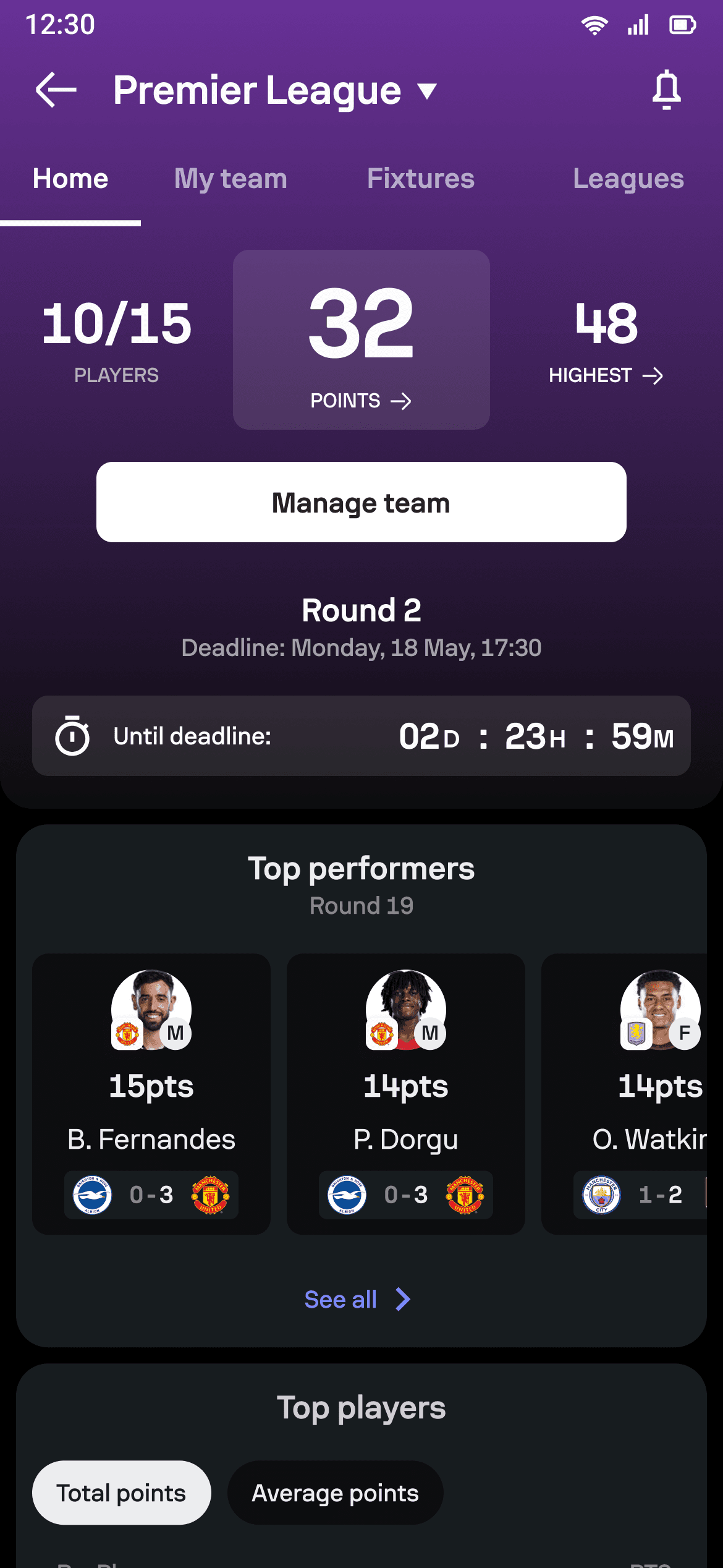 Next action and deadline state in Fantasy Competition Home.