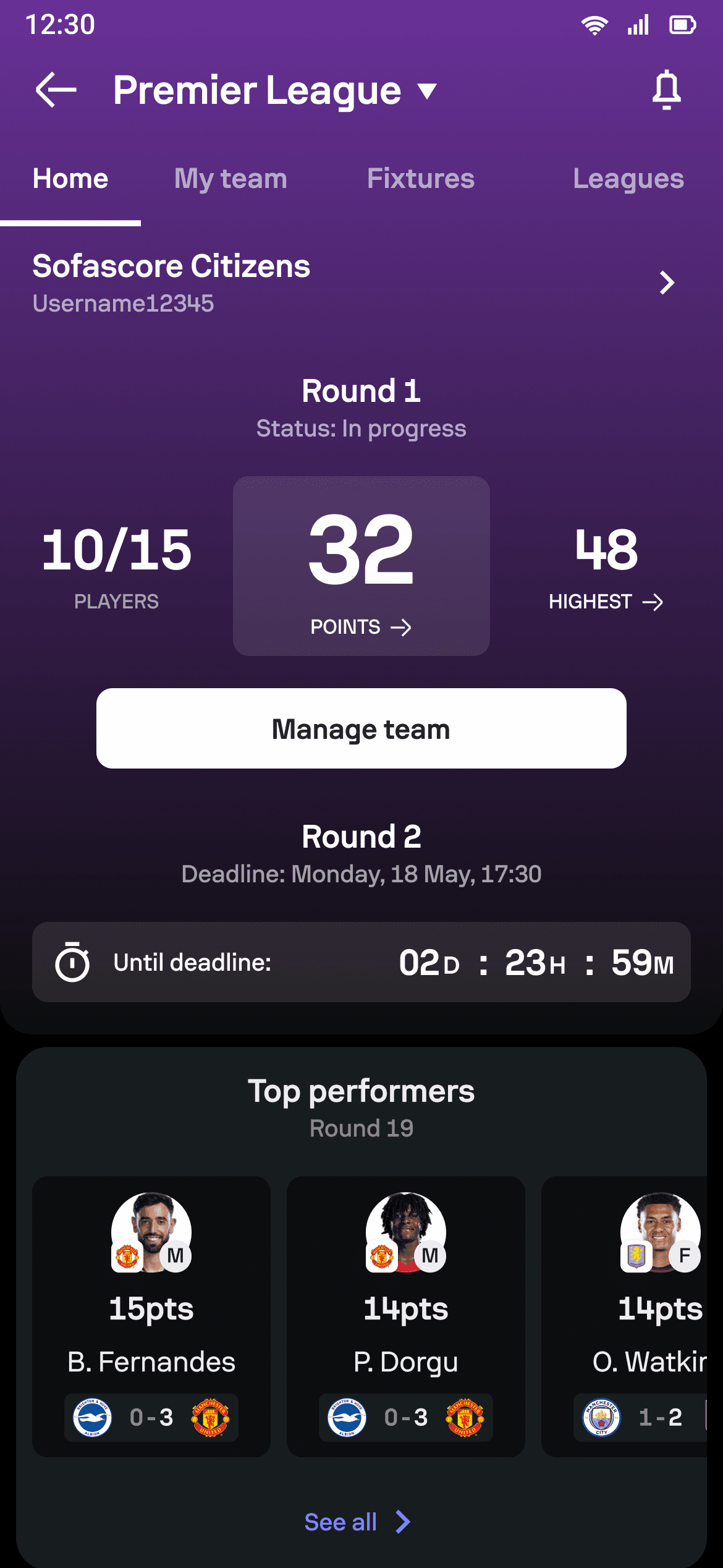 Round overview state in Fantasy Competition Home.
