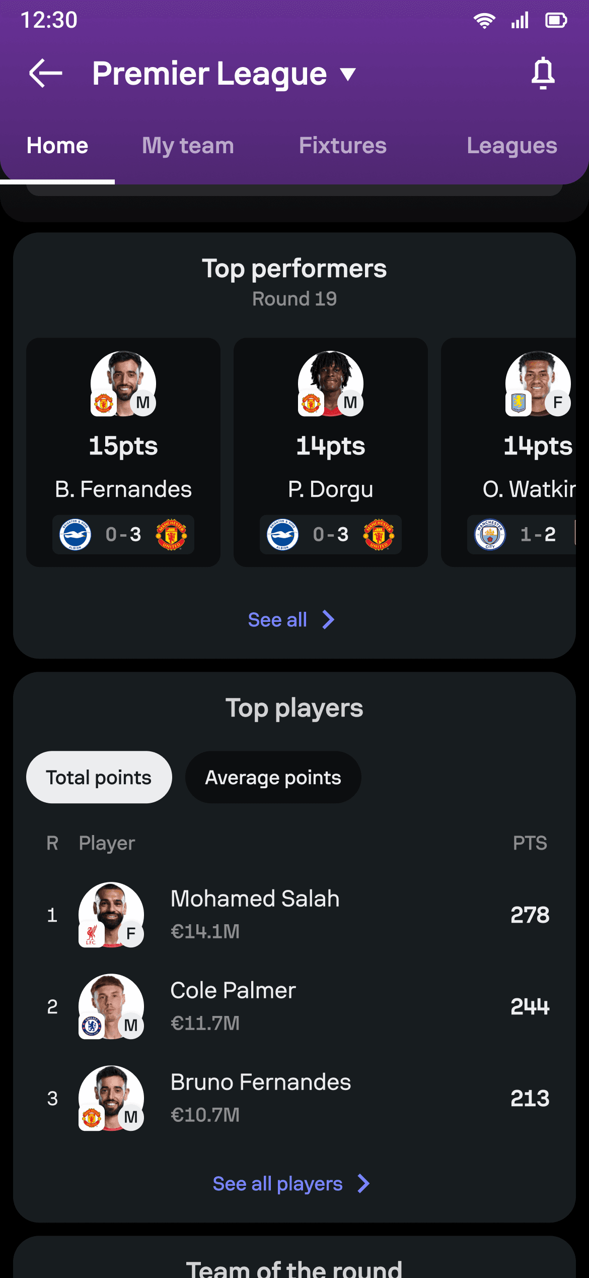Top players state in Fantasy Competition Home.