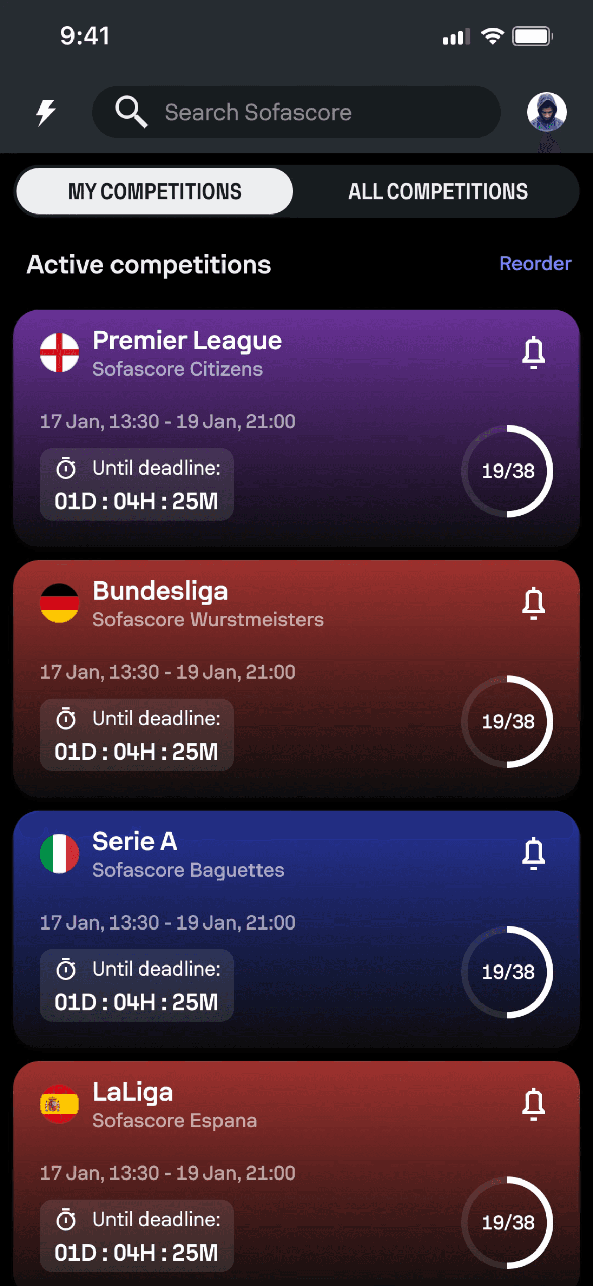 Sofascore Fantasy competitions screen showing active, discoverable and completed competitions.