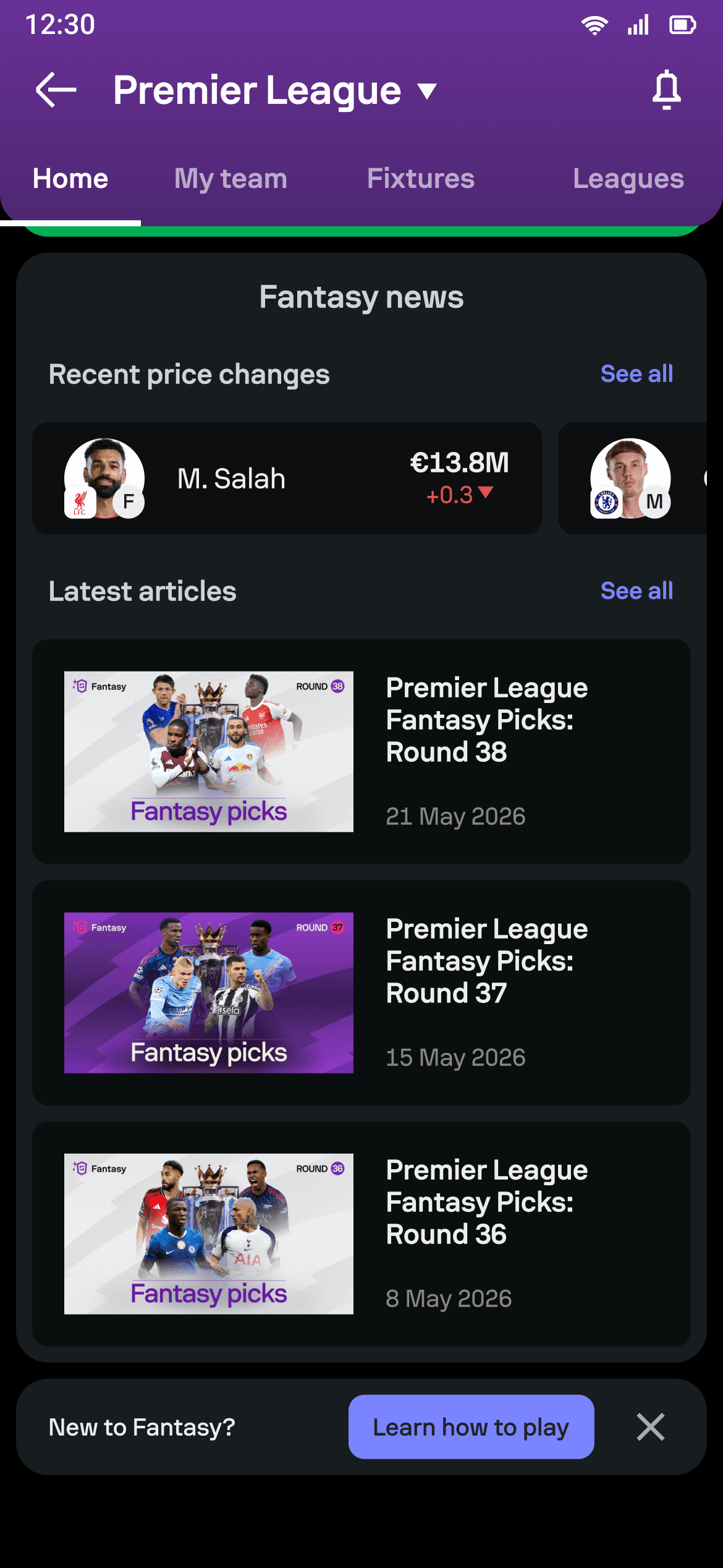 Fantasy news state in Fantasy Competition Home.