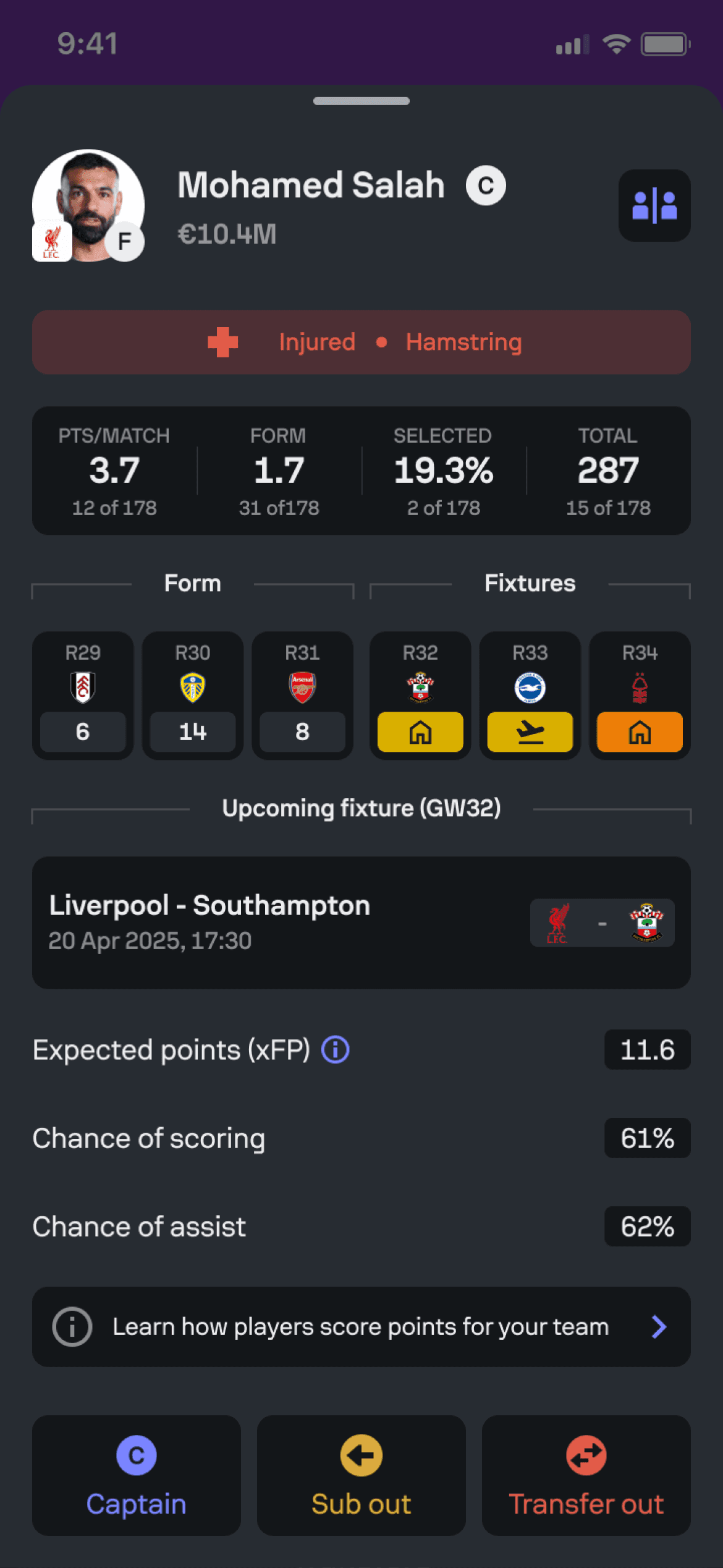 Sofascore Fantasy player modal providing deeper information for player decisions.