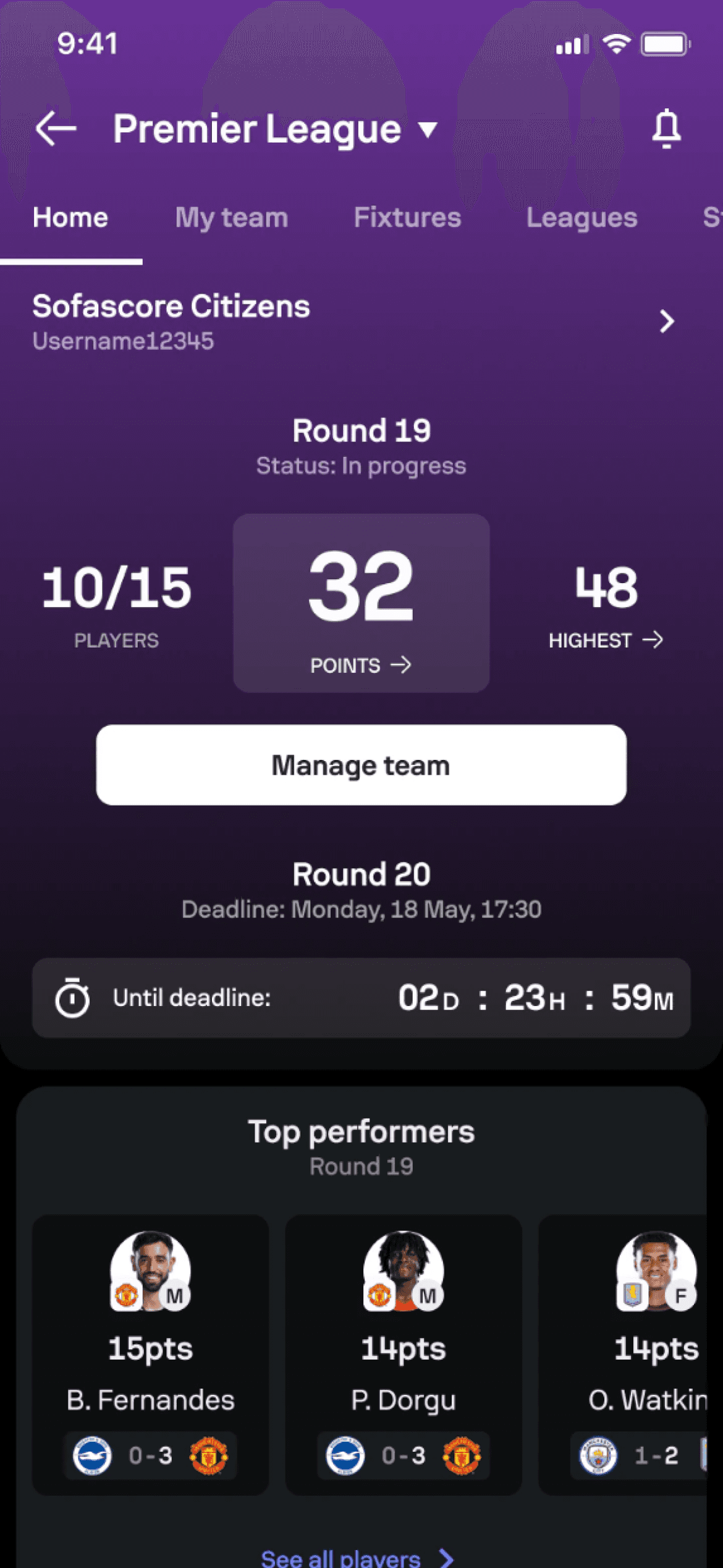 Sofascore Fantasy Competition Home showing the current round and points.