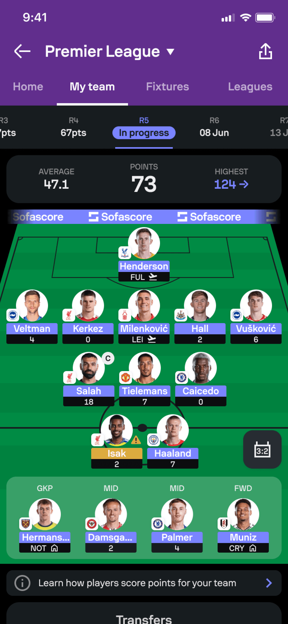 Sofascore Fantasy My Team screen for managing a fantasy squad.