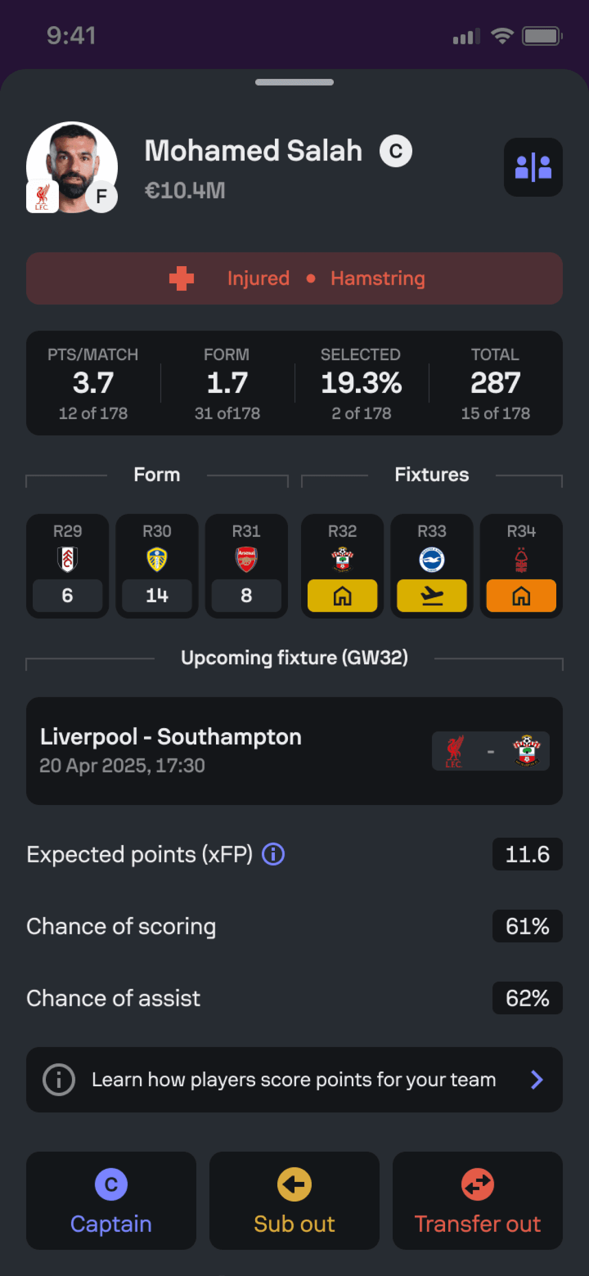 Sofascore Fantasy player modal containing fantasy decision information.