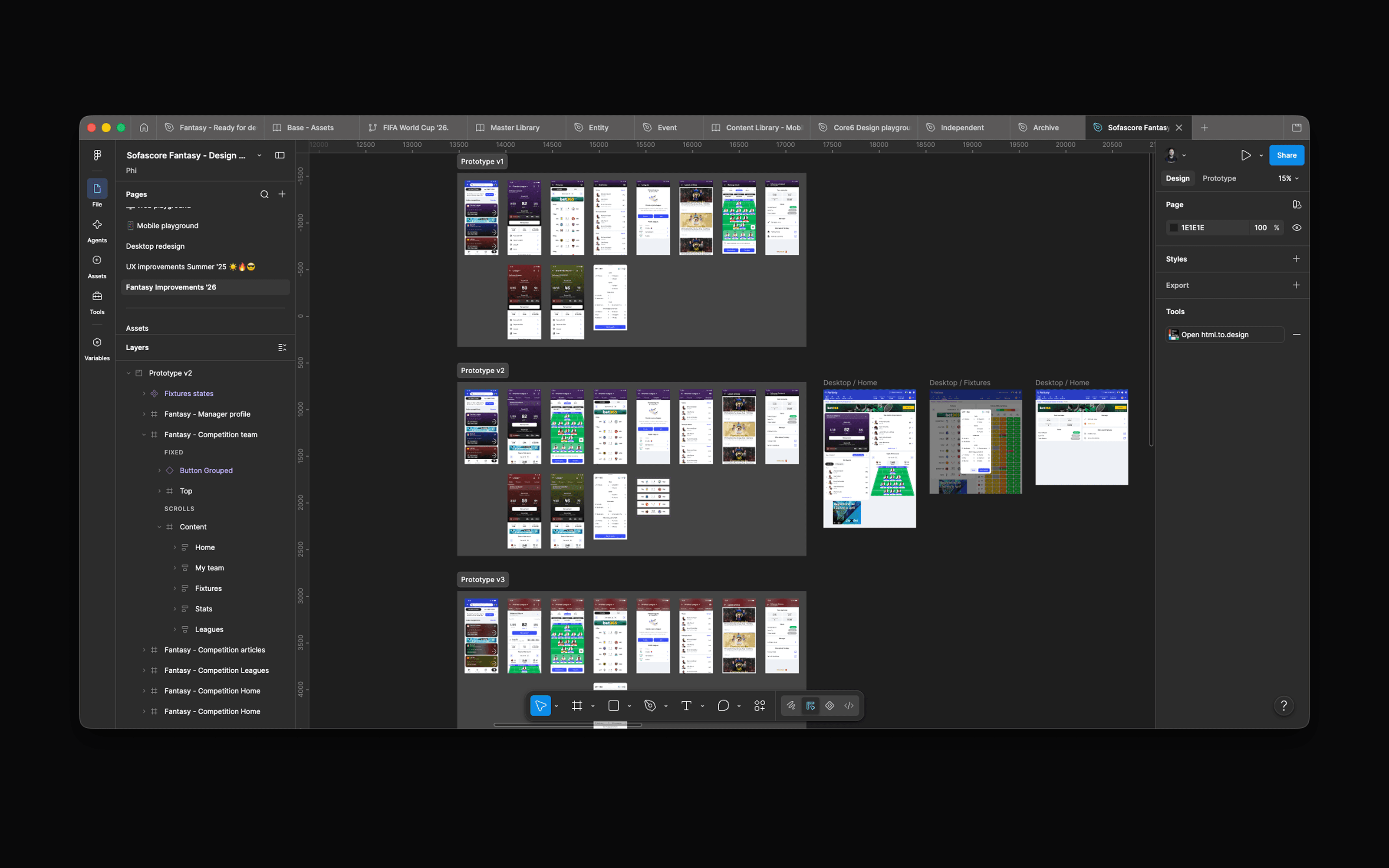 Fantasy prototypes and product iterations inside the working Figma file.