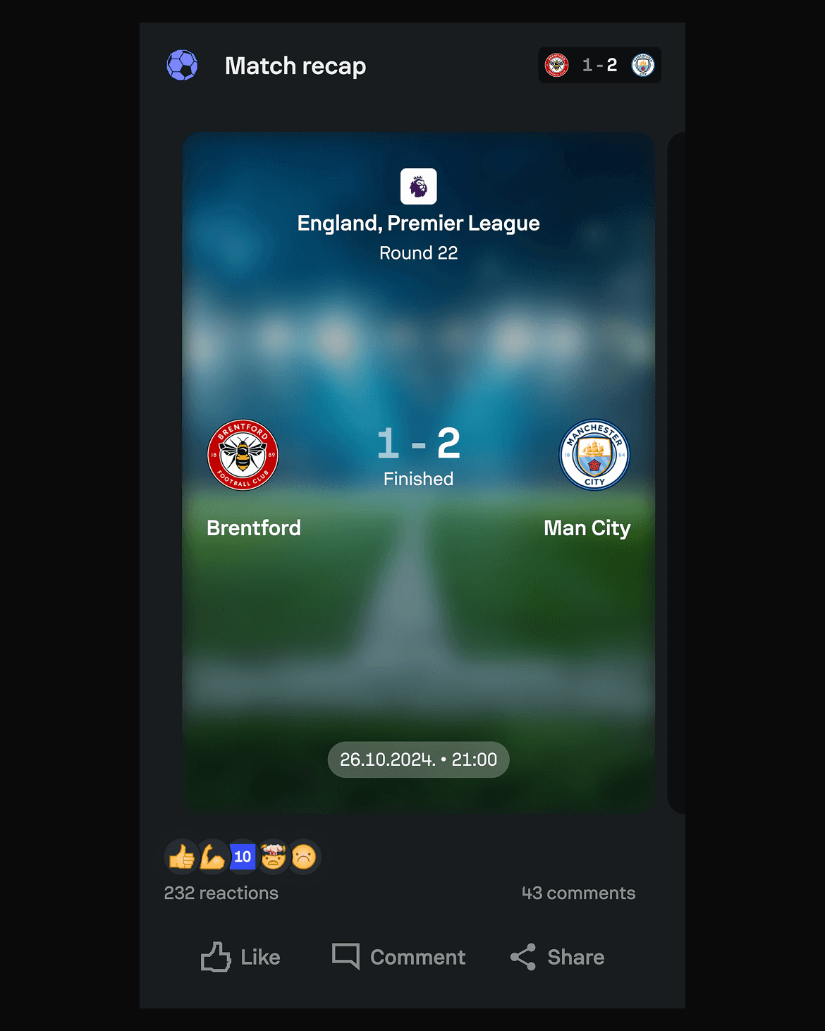 Second iteration of the Sofascore Feed Match Recap card for Brentford versus Manchester City.