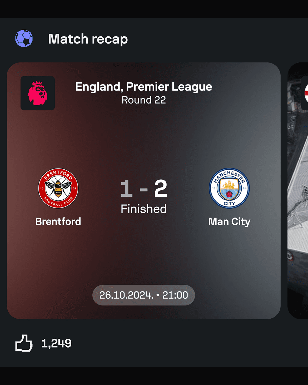 Final production Sofascore Feed Match Recap card for Brentford versus Manchester City.