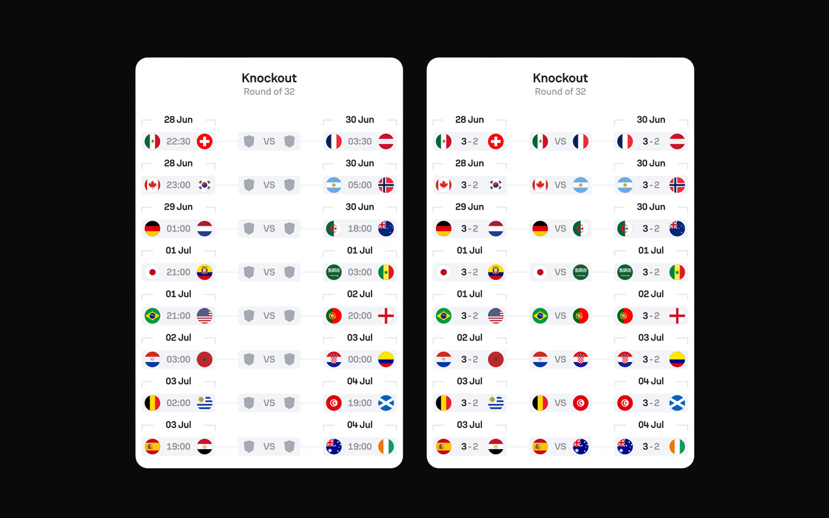 Full Round of 32 knockout bracket exploration for mobile.