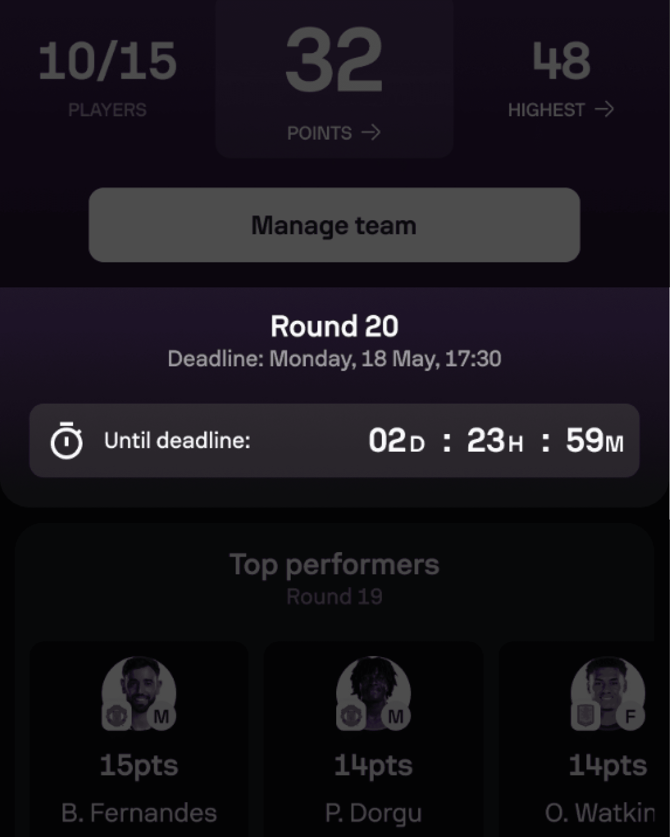 Fantasy Competition Home showing the Manage team action and deadline for the next round.