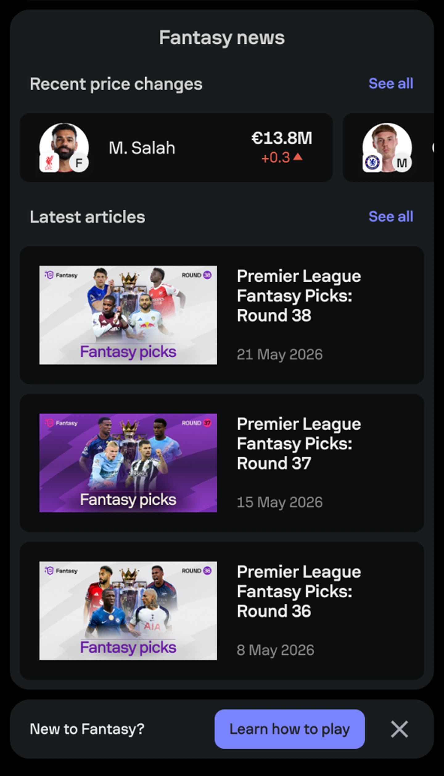 Fantasy Competition Home showing player price changes and Fantasy news.
