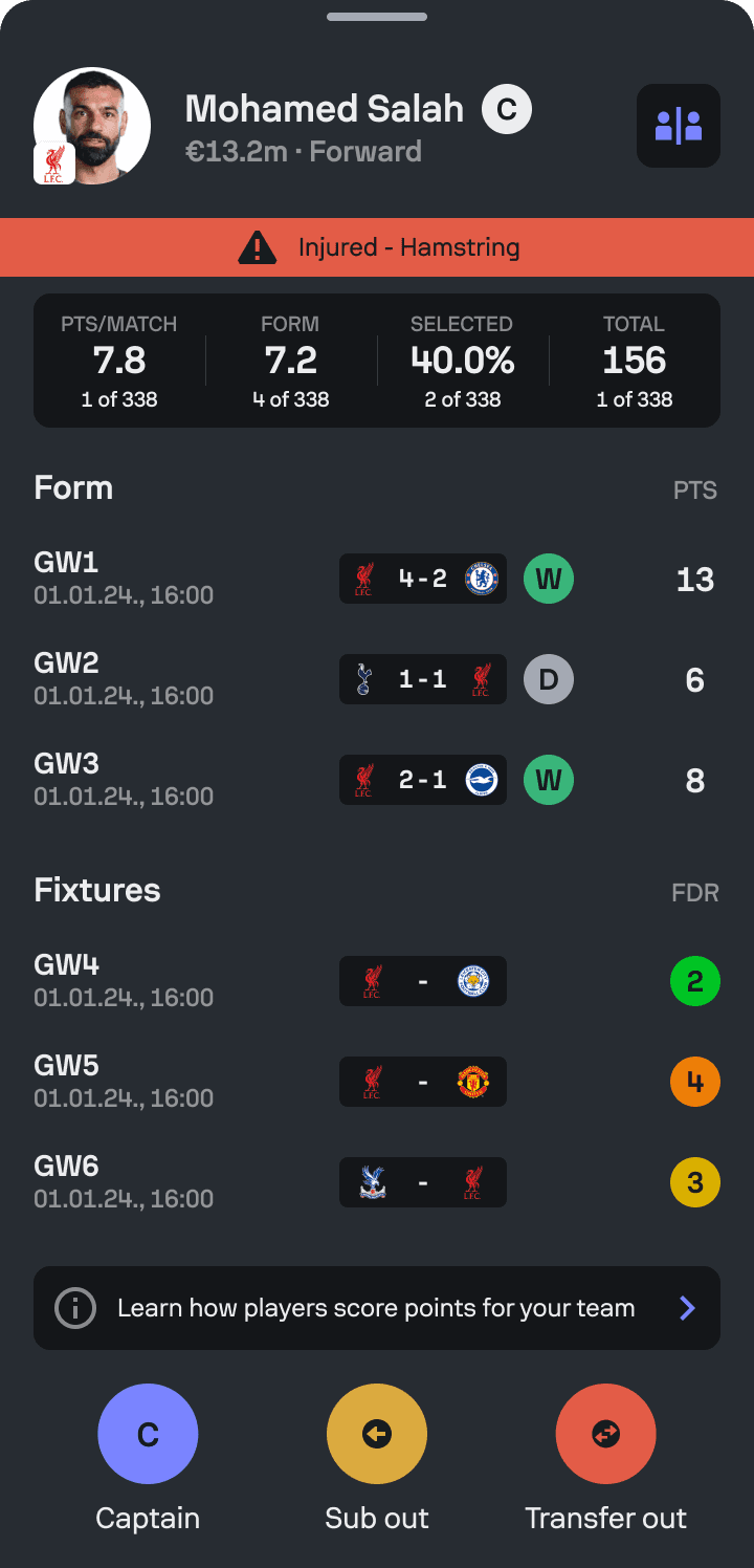 Second iteration of the Sofascore Fantasy Player Modal.