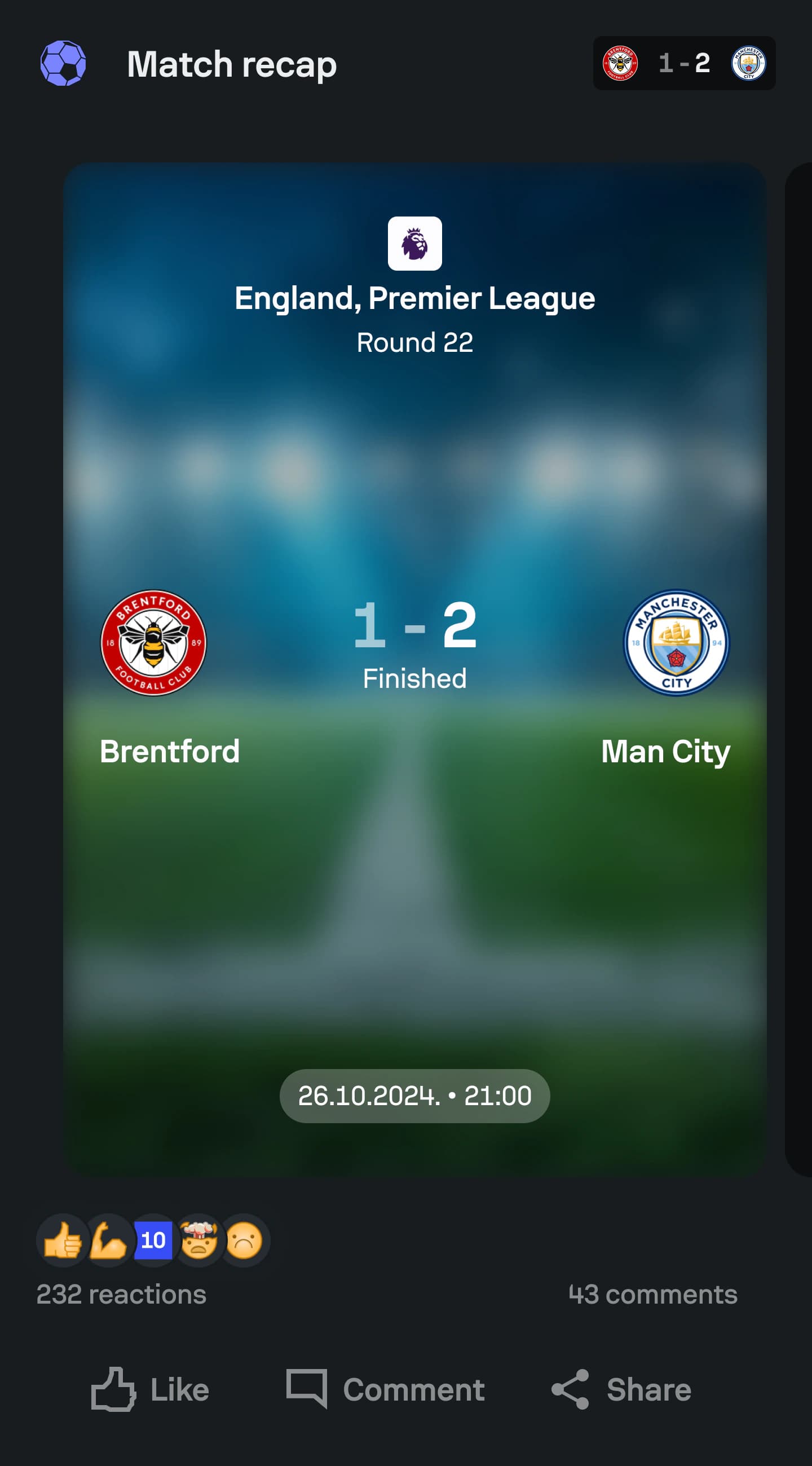 Second iteration of the Sofascore Feed Match Recap card for Brentford versus Manchester City.
