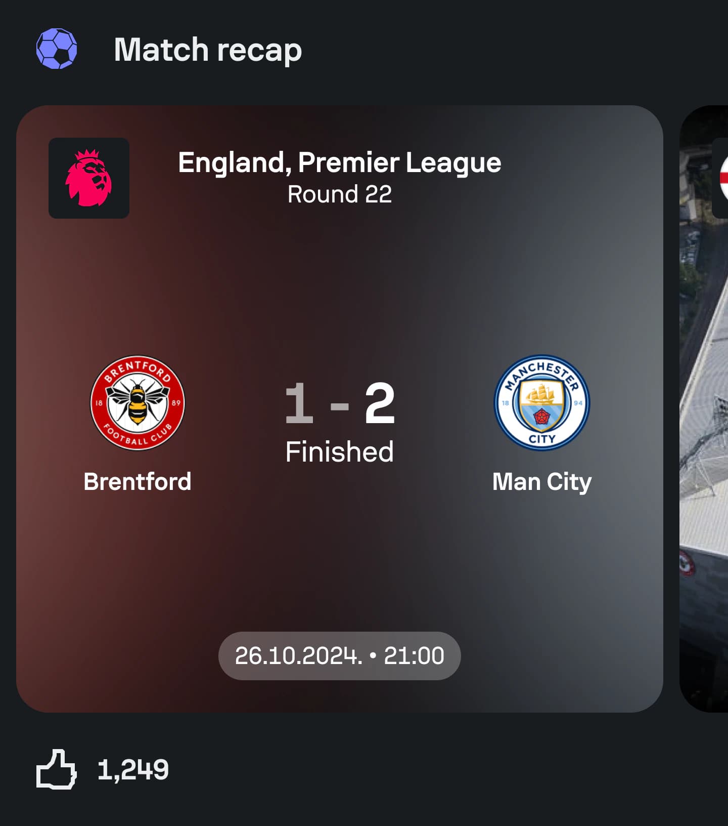Final production Sofascore Feed Match Recap card for Brentford versus Manchester City.