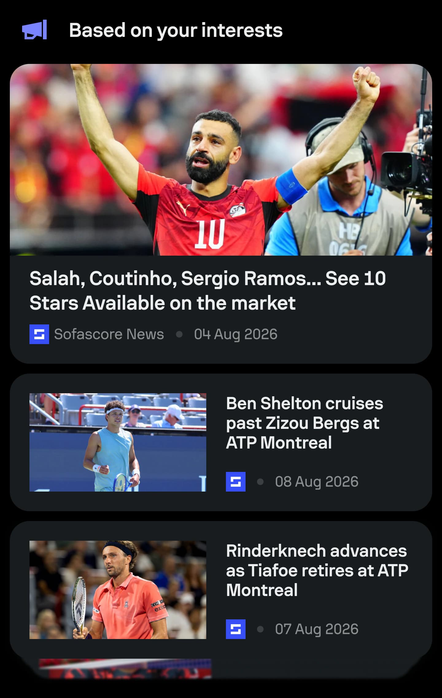 Personalised Based on your interests news section inside Sofascore Feed.
