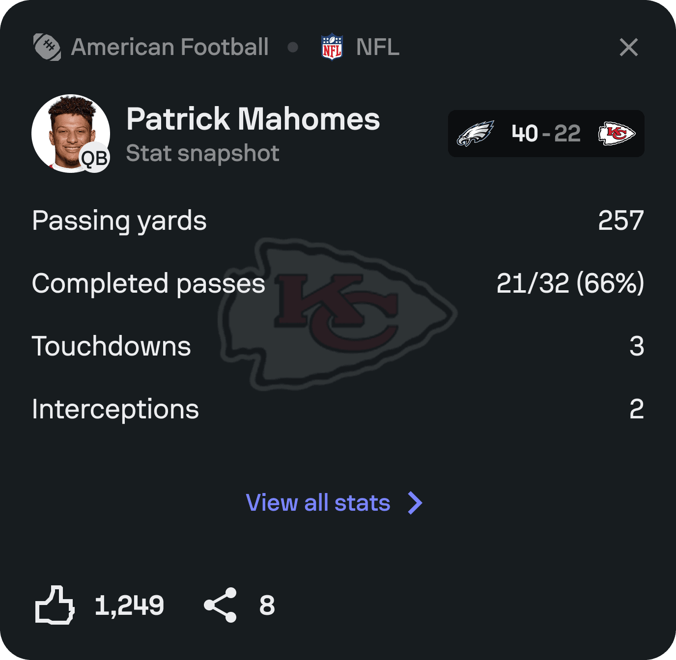 NFL player stat snapshot shown as a Sofascore Feed card.