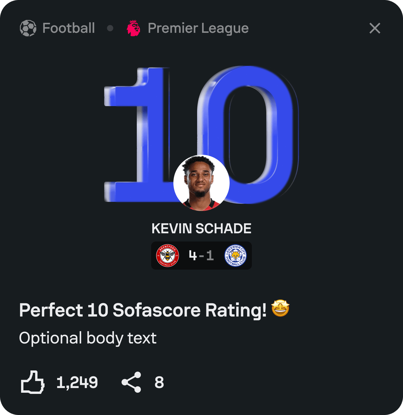 Sofascore Feed card celebrating a player receiving a perfect 10 rating.