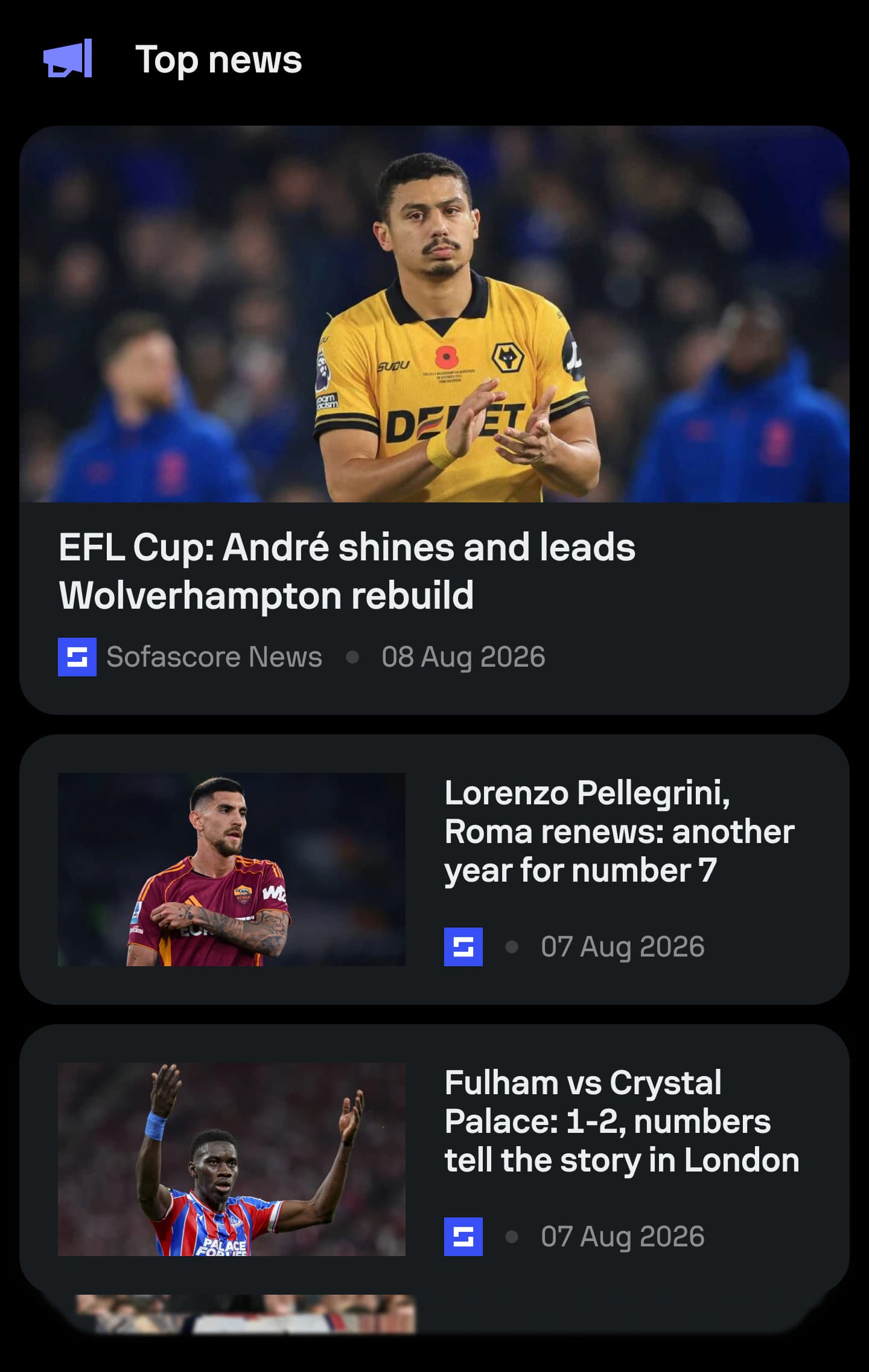 Top News editorial section inside Sofascore Feed.