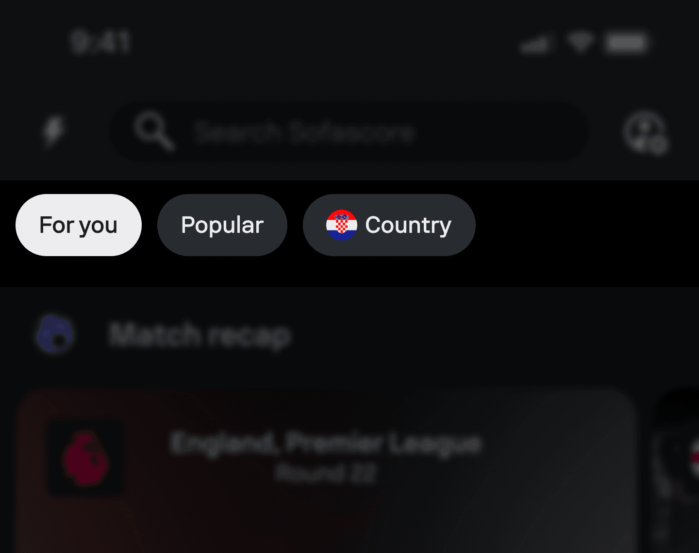 Sofascore Feed showing For You, Popular and Country discovery options.
