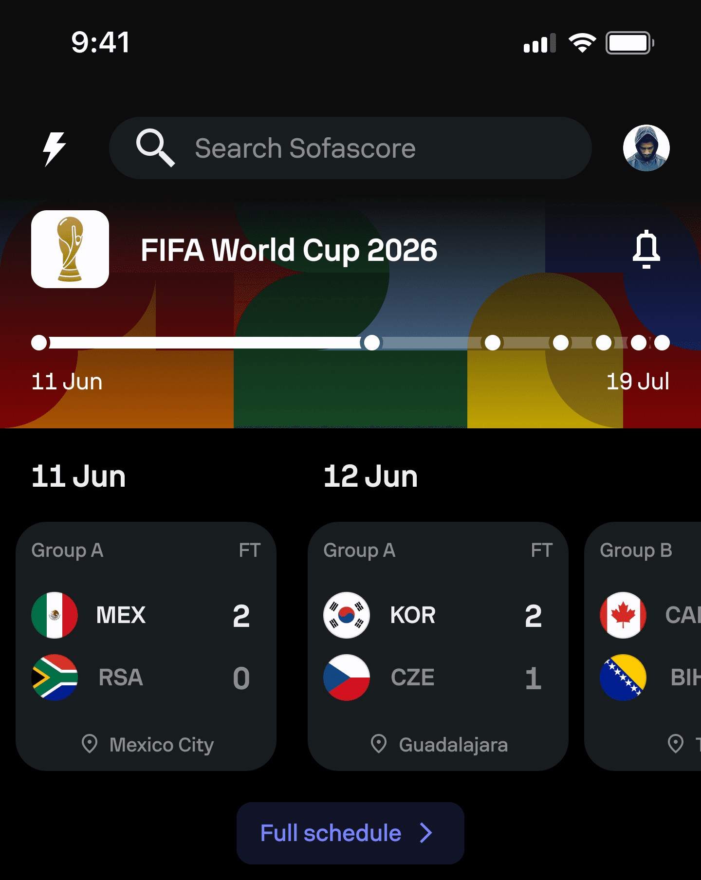 FIFA World Cup hub showing the tournament header, timeline and opening schedule.