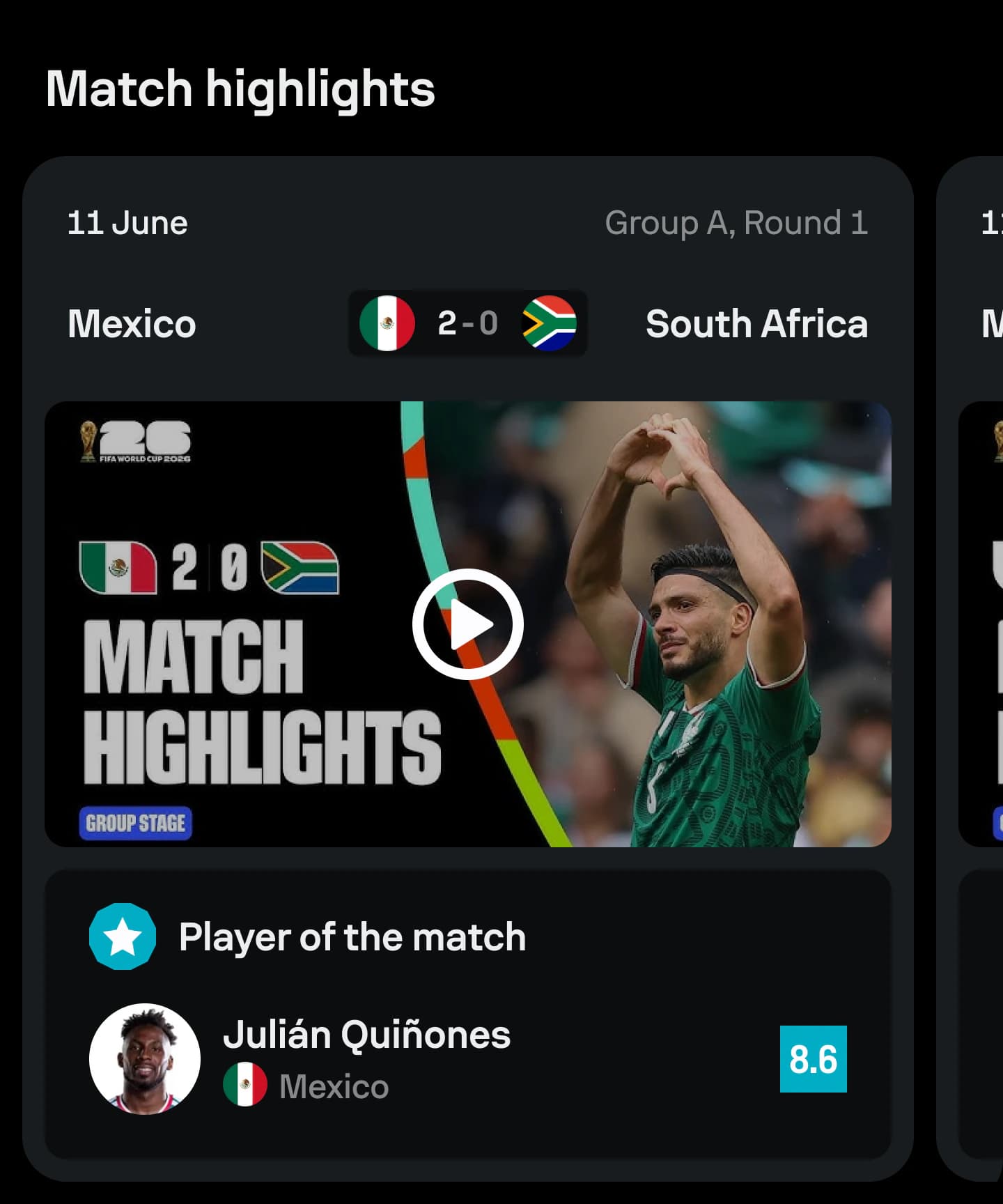 FIFA World Cup hub showing the daily schedule, match highlights and Player of the Match.