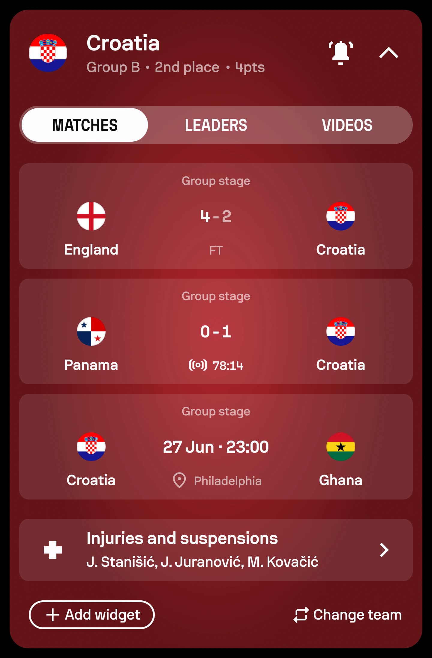 FIFA World Cup My National Team experience showing Croatia matches and relevant team information.