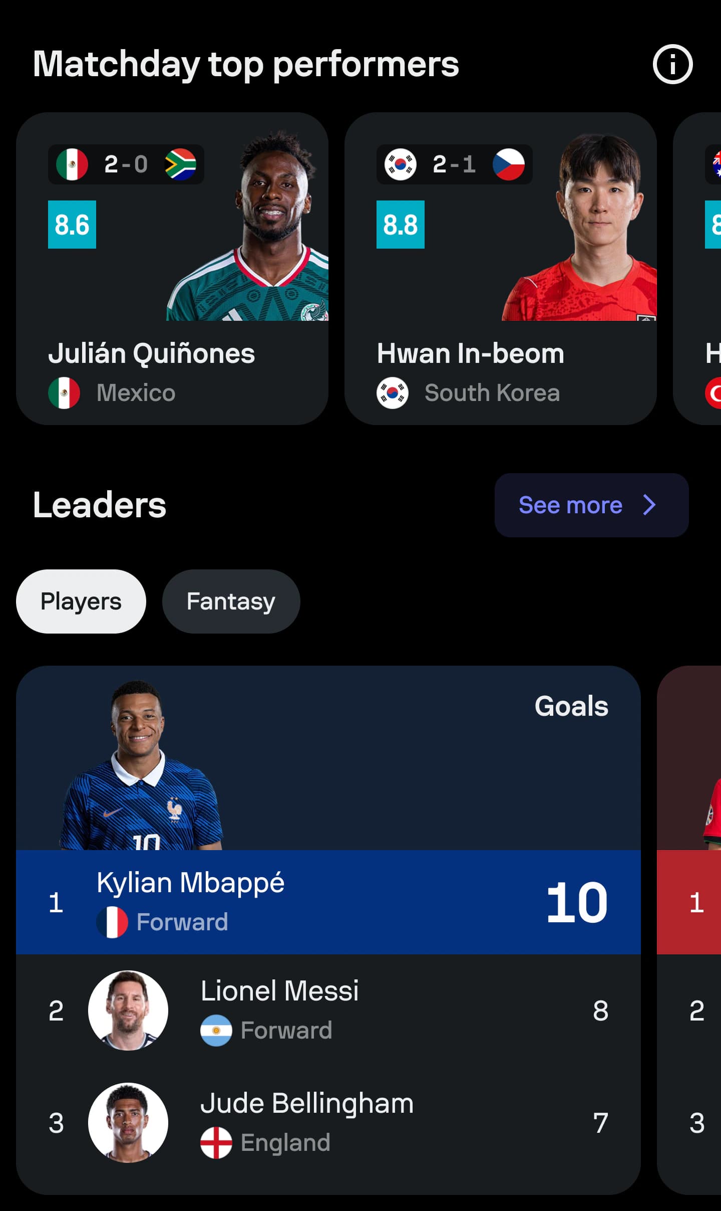 FIFA World Cup hub showing matchday top performers and tournament player leaders.