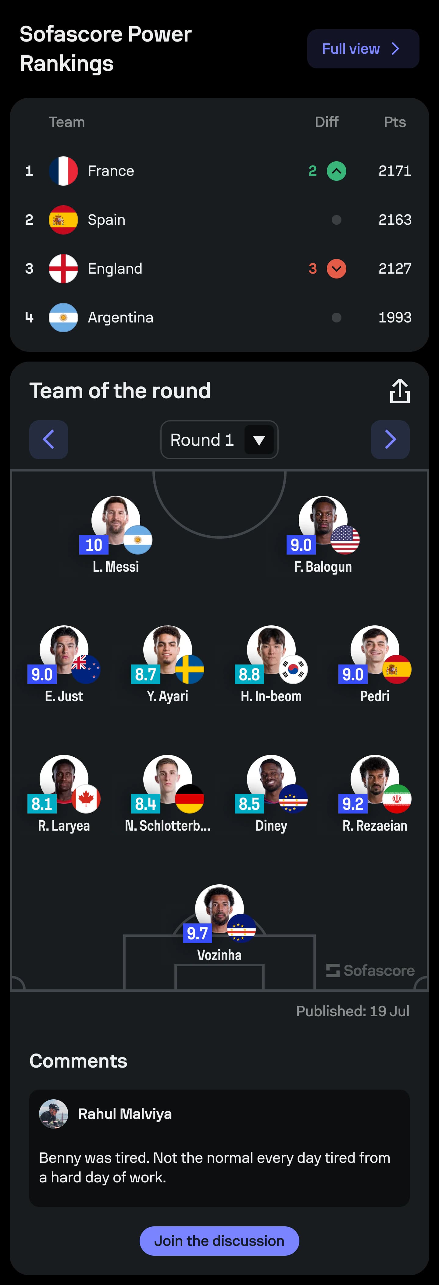 FIFA World Cup hub showing Sofascore Power Rankings and Team of the Round.