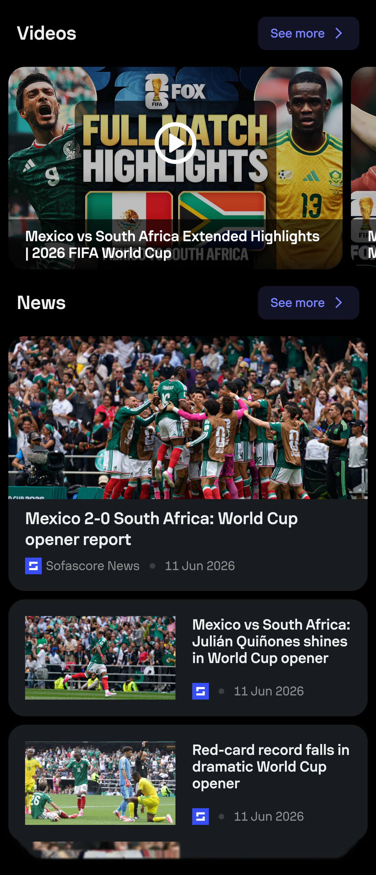 FIFA World Cup hub showing tournament videos, news and editorial content.