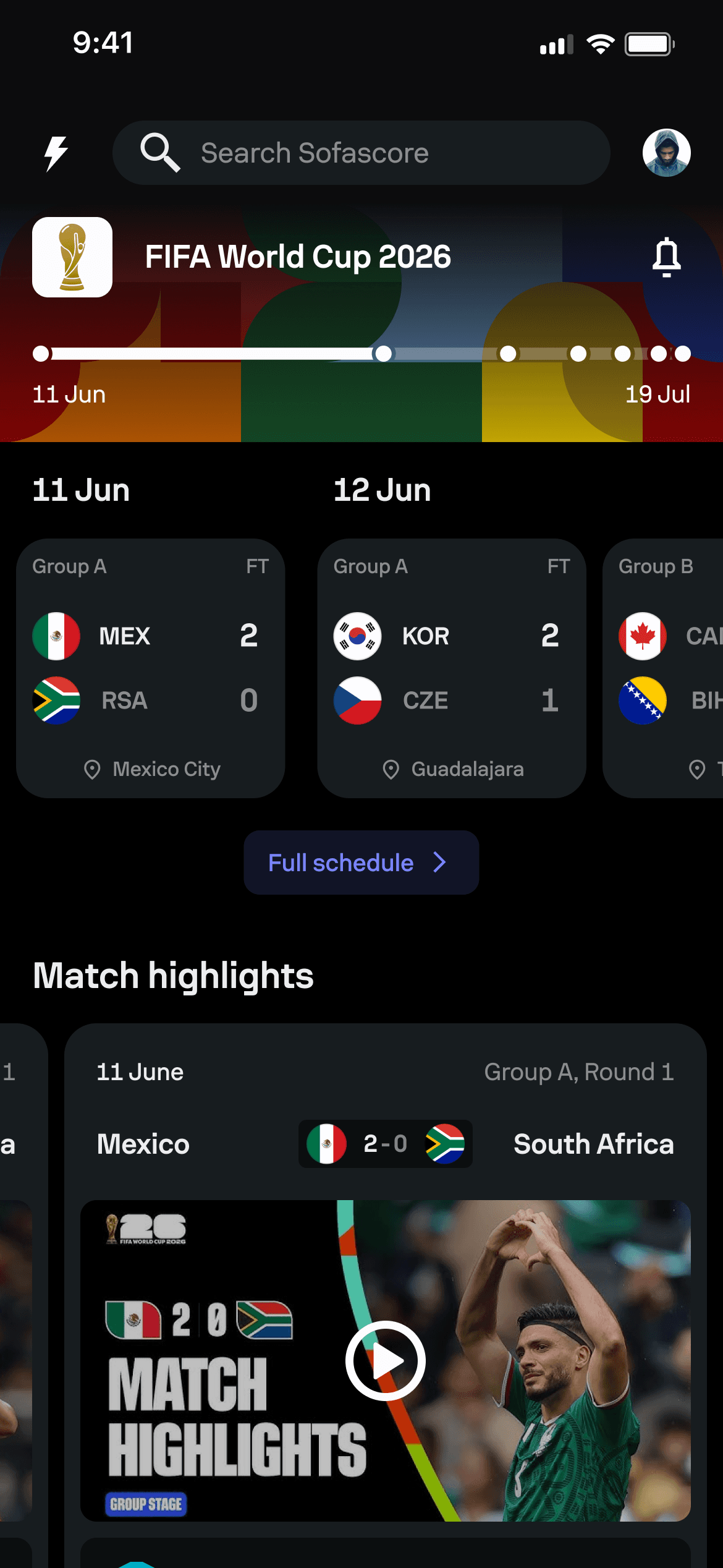 FIFA World Cup hub showing the tournament header, timeline and opening schedule.