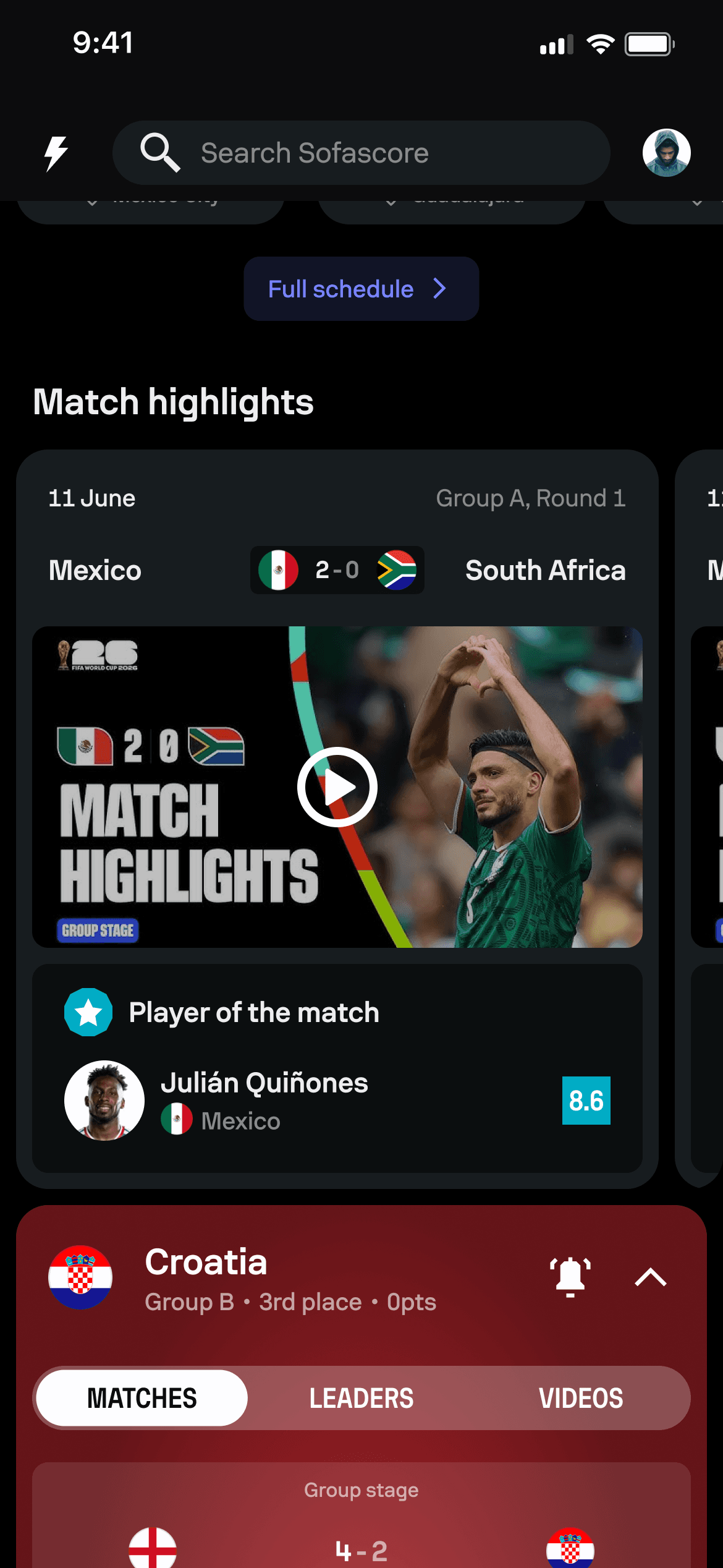 FIFA World Cup hub showing the daily schedule, match highlights and Player of the Match.
