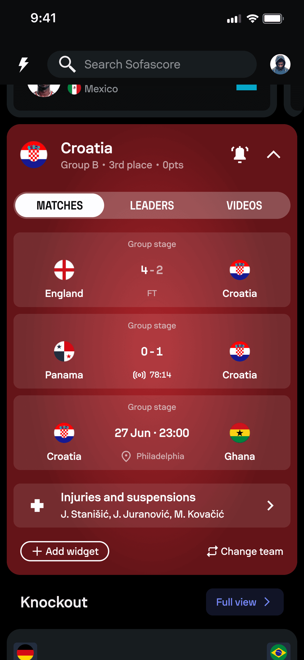 FIFA World Cup My National Team experience showing Croatia matches and relevant team information.