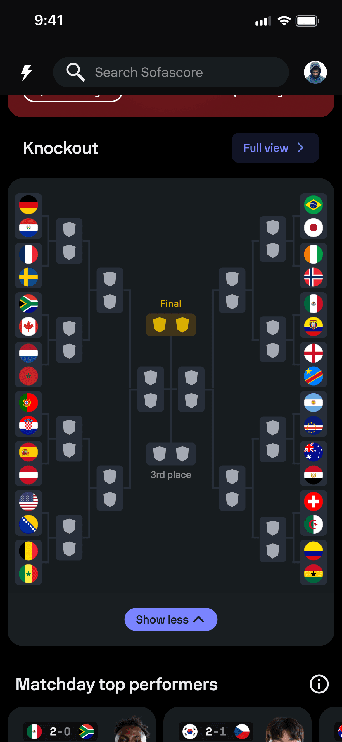 FIFA World Cup hub showing tournament progression and knockout context.