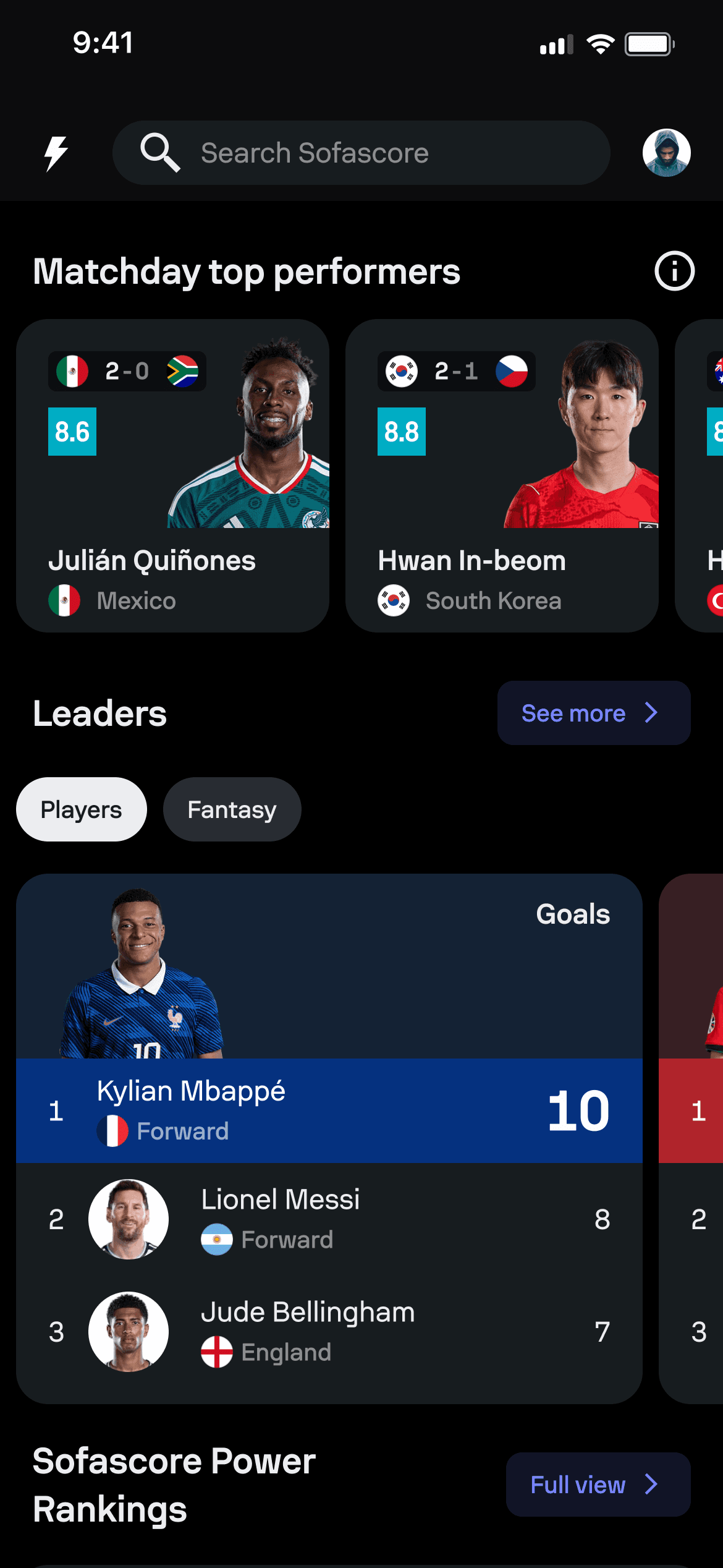 FIFA World Cup hub showing matchday top performers and tournament player leaders.