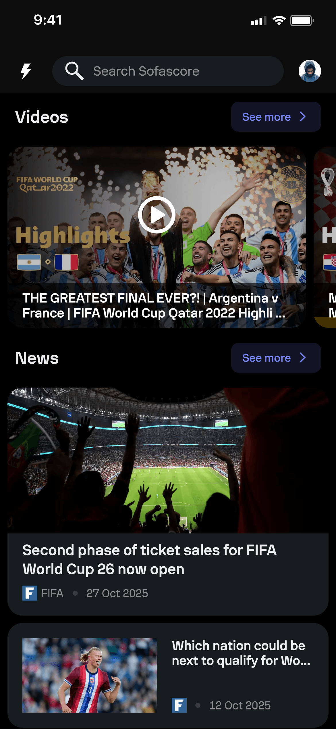 FIFA World Cup hub showing tournament videos, news and editorial content.