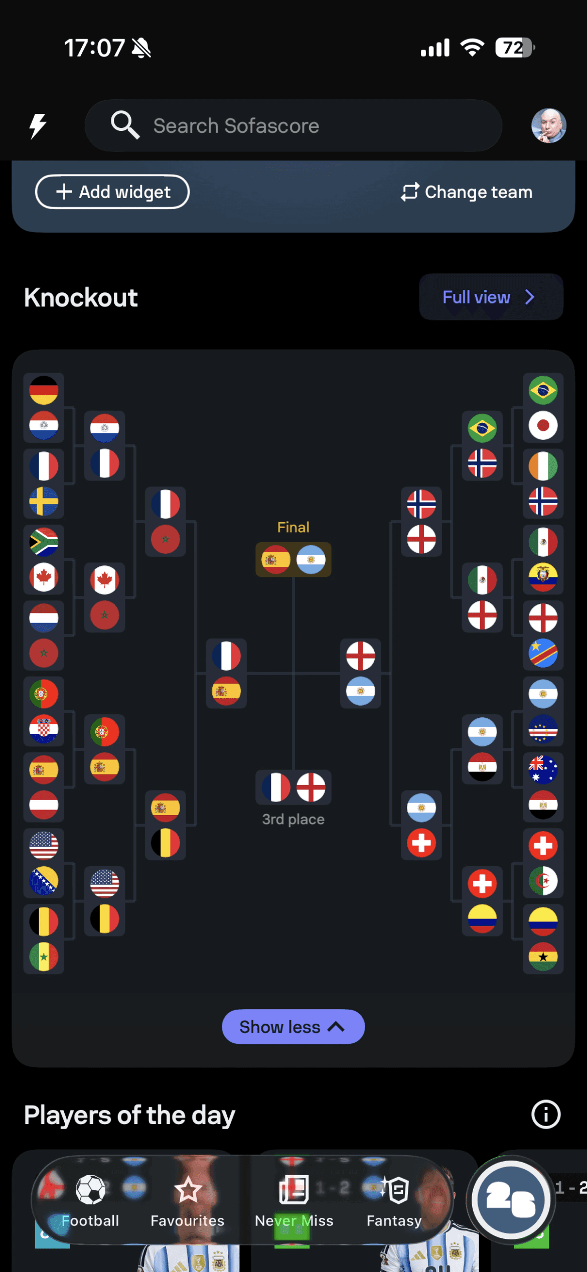 FIFA World Cup knockout bracket in Sofascore.