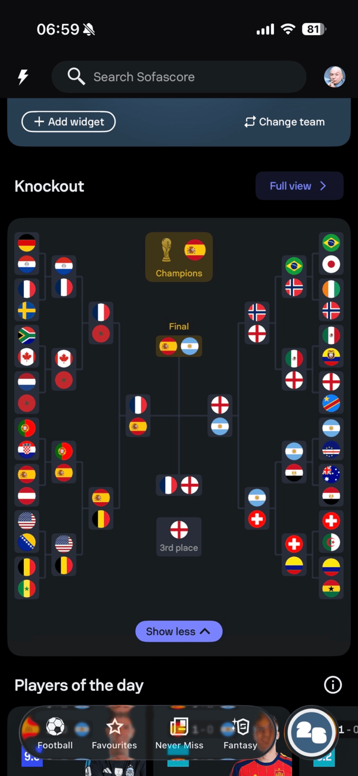 Completed FIFA World Cup knockout bracket showing the tournament journey.