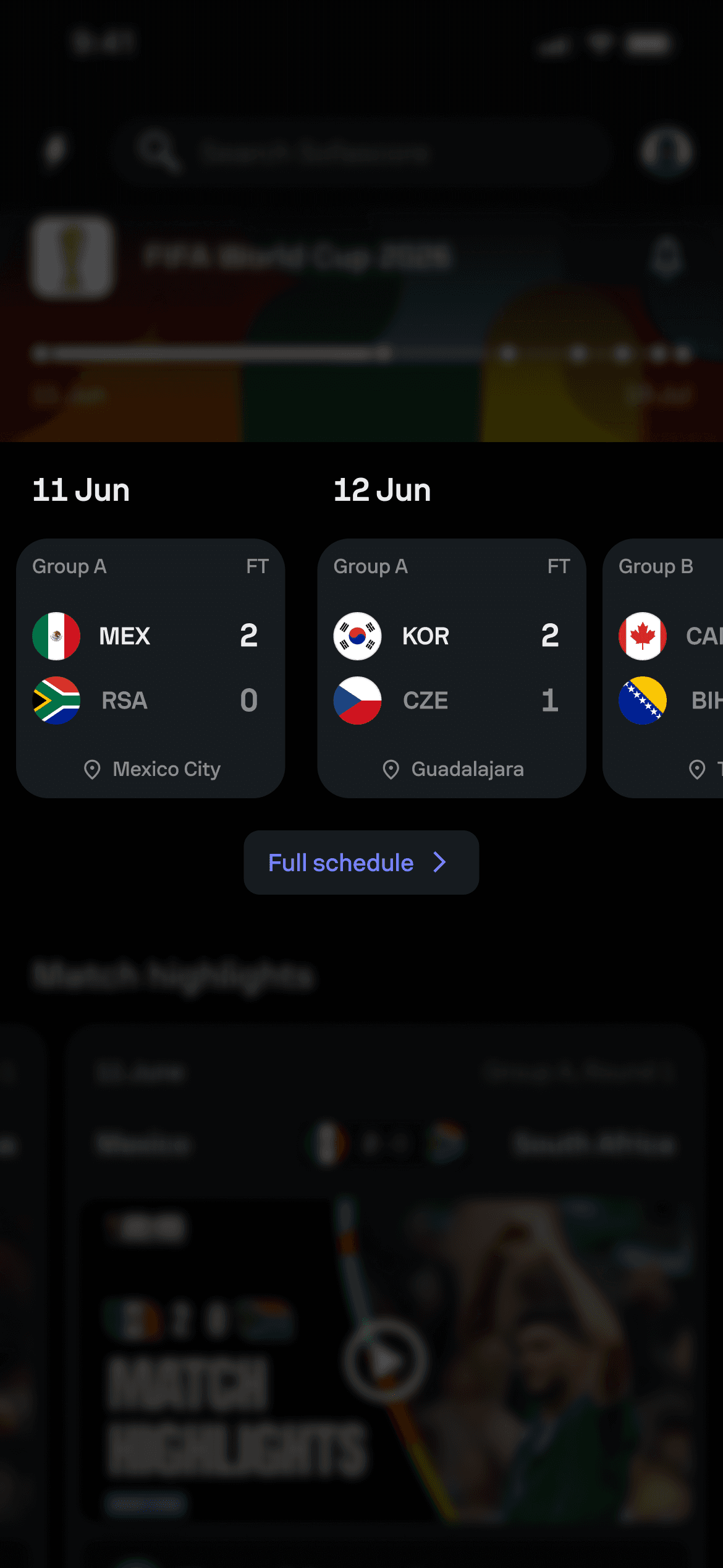 FIFA World Cup schedule and tournament orientation screen.