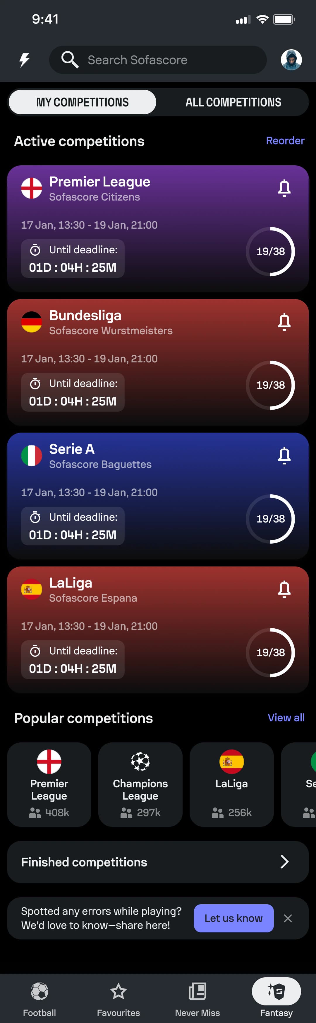 Sofascore Fantasy competitions screen showing active and popular competitions.