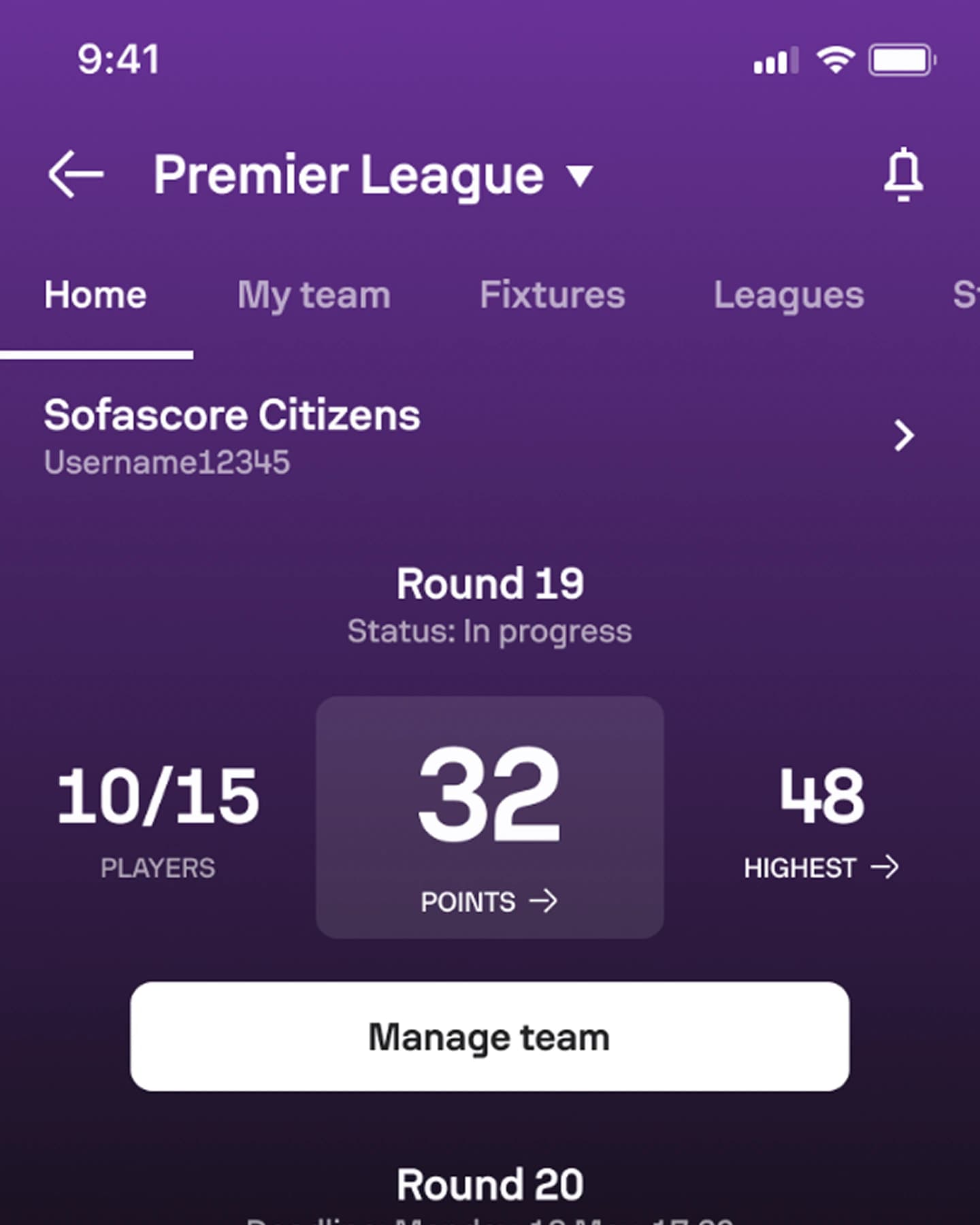 Sofascore Fantasy Competition Home showing the competition name, tabs, team, round overview, primary action and deadline.