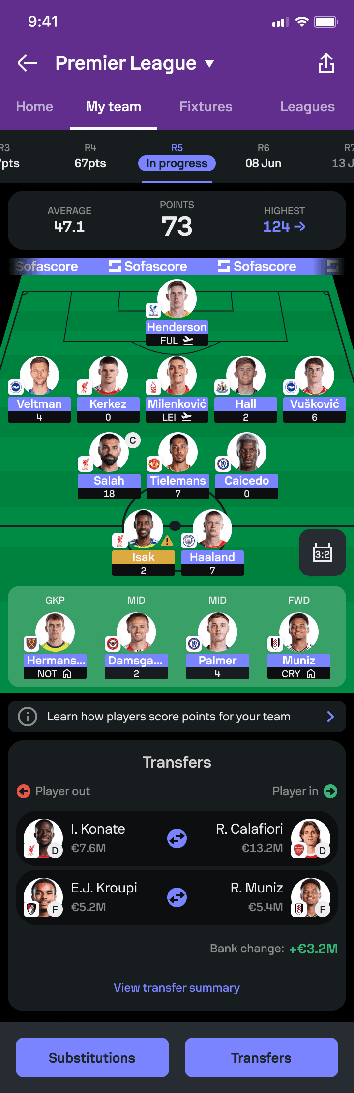Sofascore Fantasy My Team screen for managing a fantasy squad.
