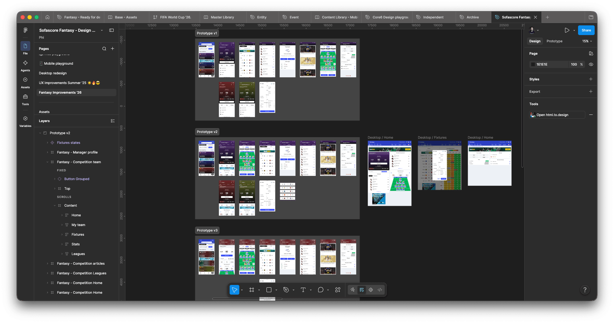 Fantasy prototypes and product iterations inside the working Figma file.