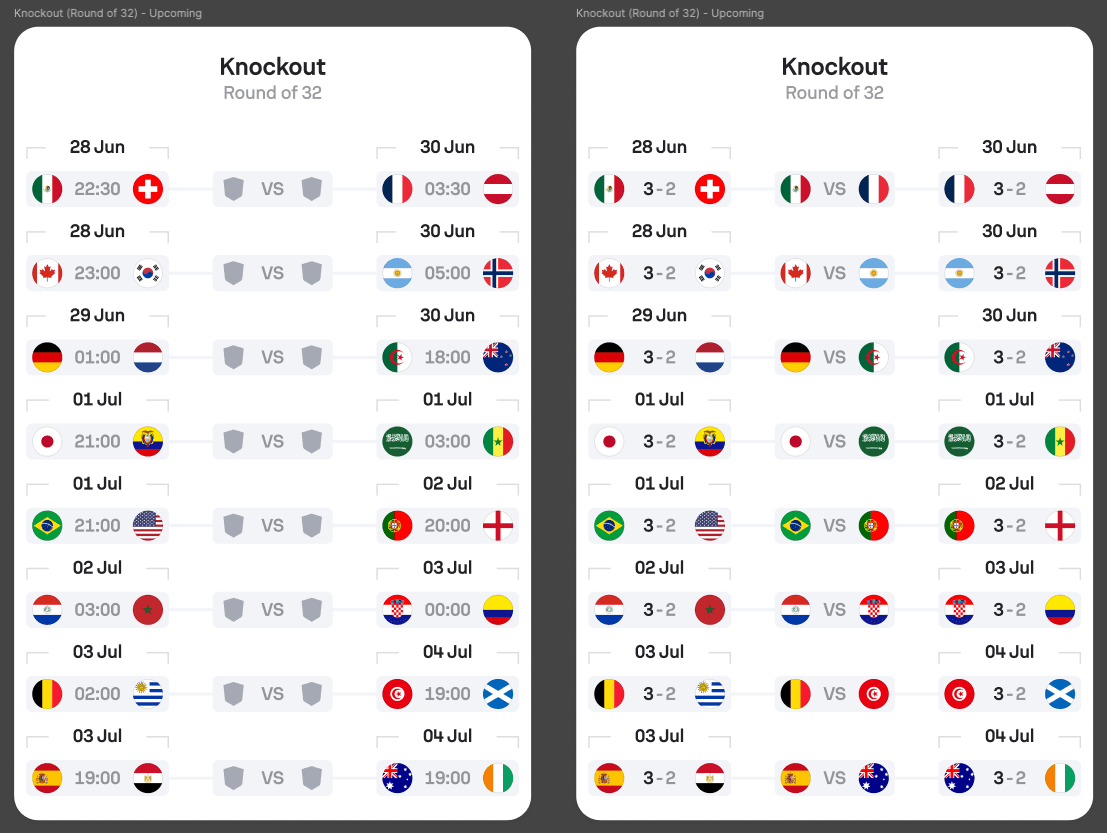 Full Round of 32 knockout bracket exploration for mobile.