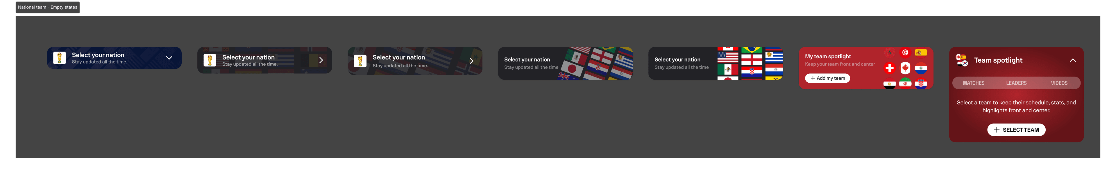 Explorations of entry points inviting fans to select their national team.