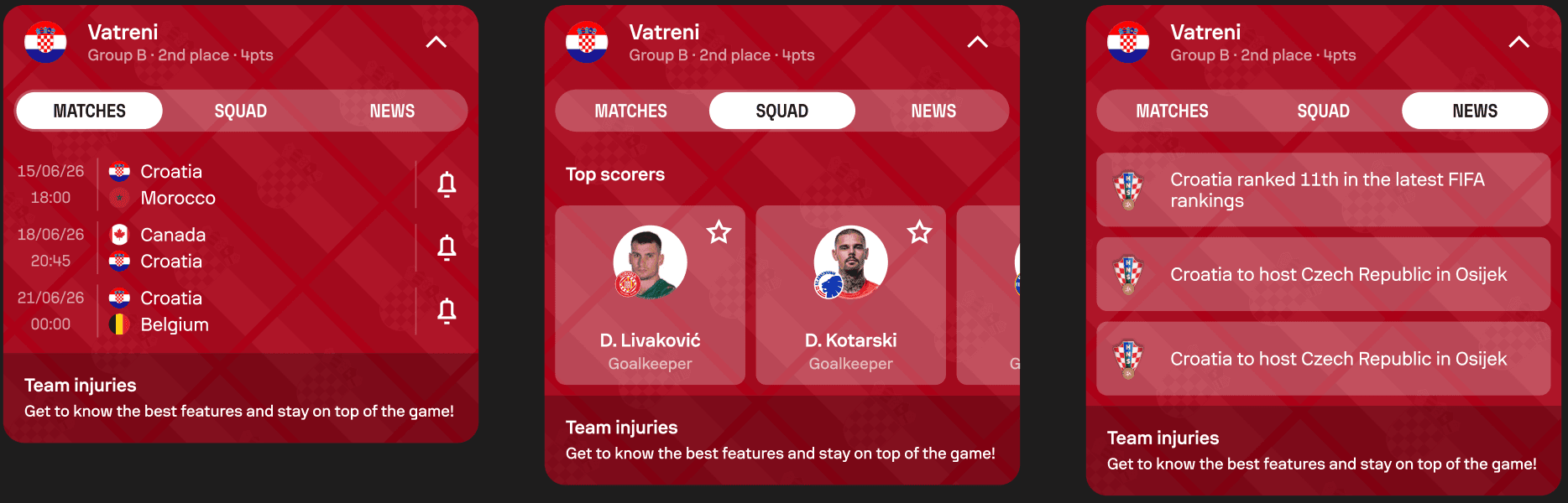 My National Team explorations containing matches, players and changing tournament states.