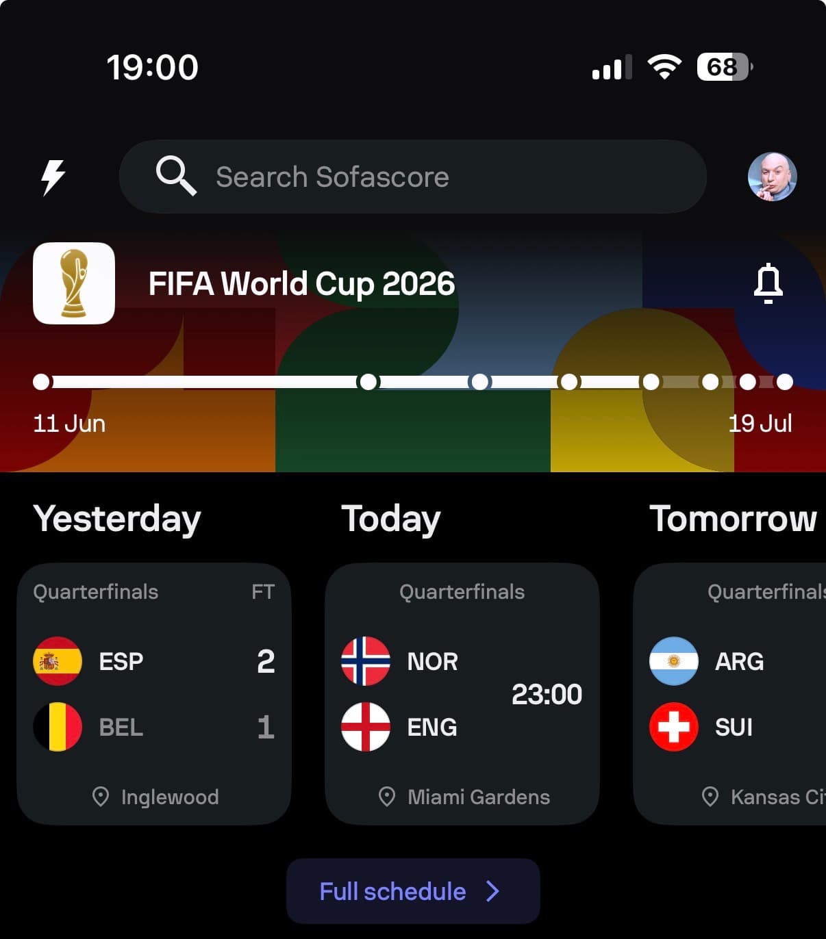 FIFA World Cup hub showing the Yesterday, Today and Tomorrow schedule.